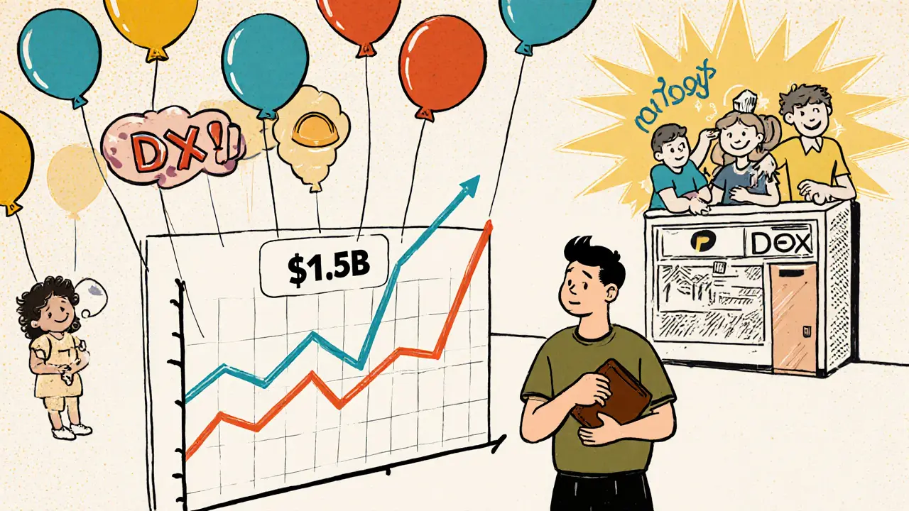 A confused user watching a fake trading volume graph pop like balloons, while real DEXs glow brightly nearby.