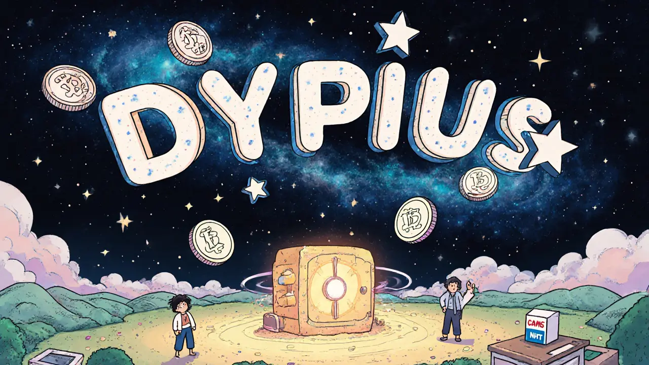 A cosmic nebula transforms into Dypius, with DYP tokens orbiting as users stake and vote in a cartoon metaverse.