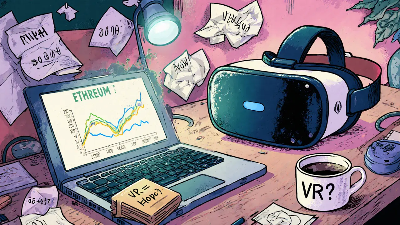 A dusty VR headset and fading investment charts on a desk, symbolizing a collapsed crypto project.