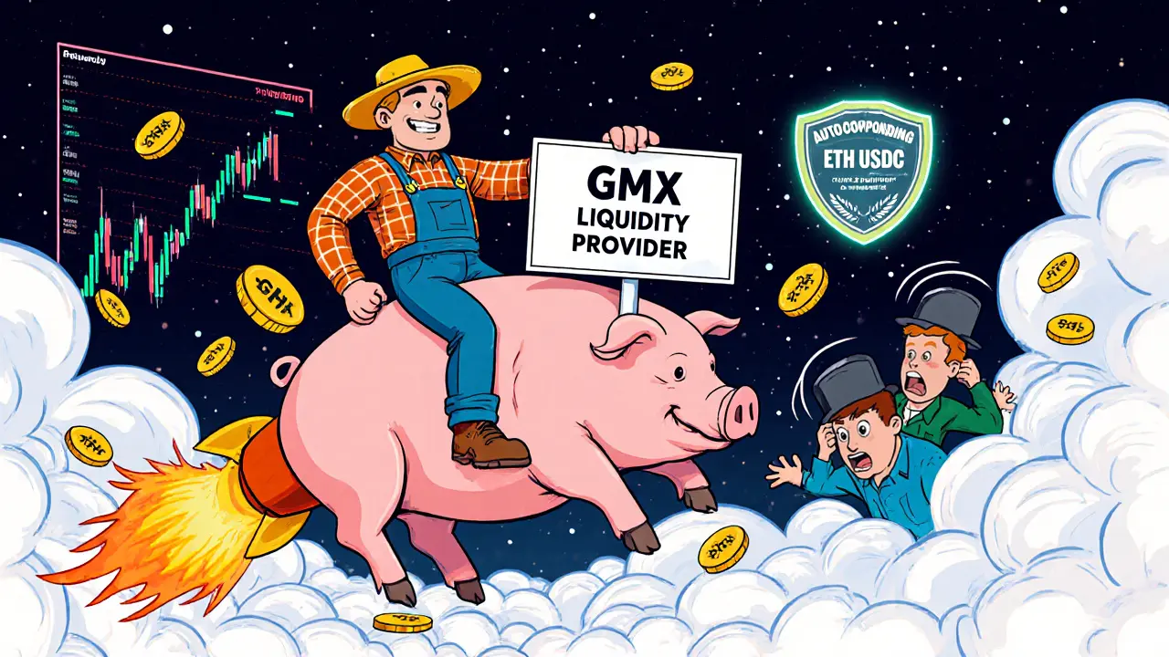 A farmer on a rocket pig earning rewards from decentralized trading fees in a chaotic market storm.