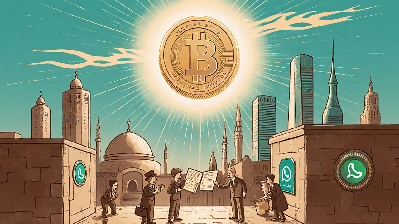 A glowing CBDC rises over Jordan’s skyline as citizens debate crypto legality.
