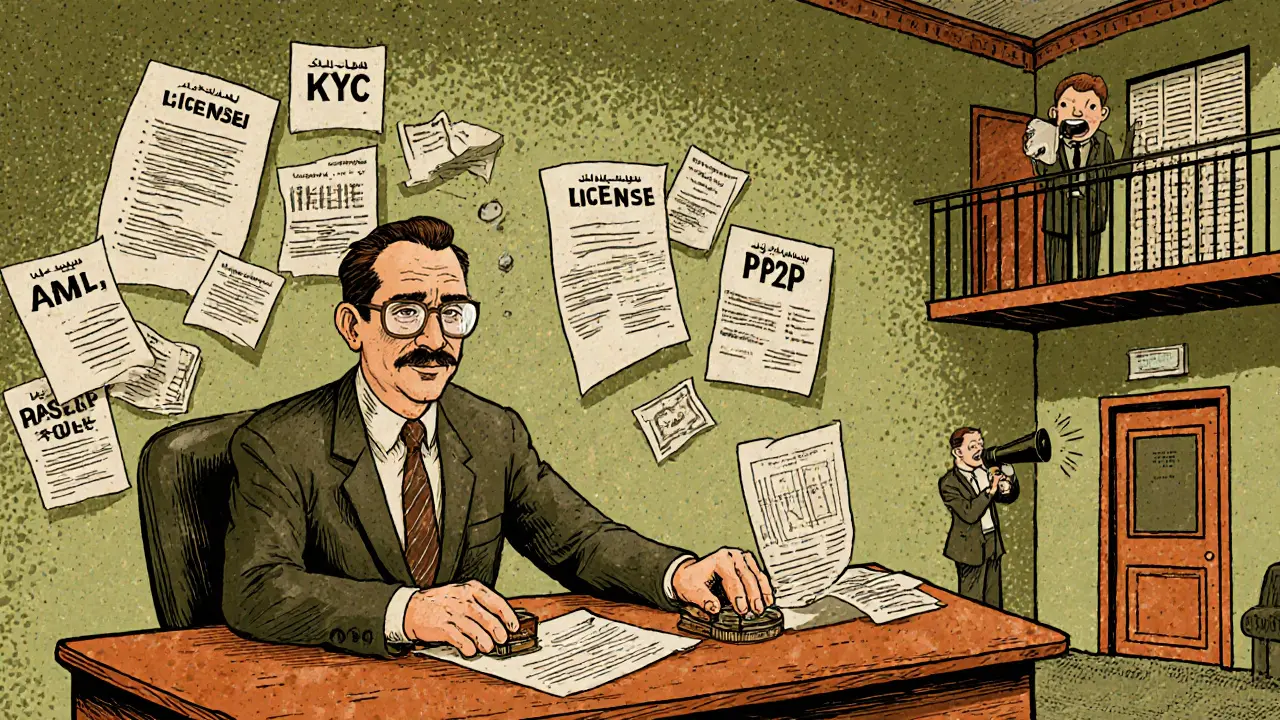 A regulator in a vintage office stamps crypto licenses amid piles of AML paperwork.