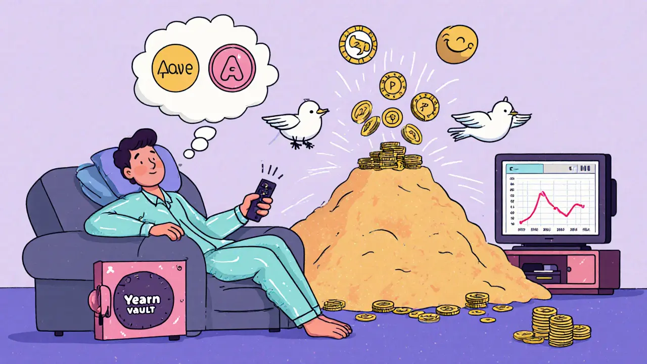 A relaxed person watching automated vaults compound yield in a cozy living room scene.
