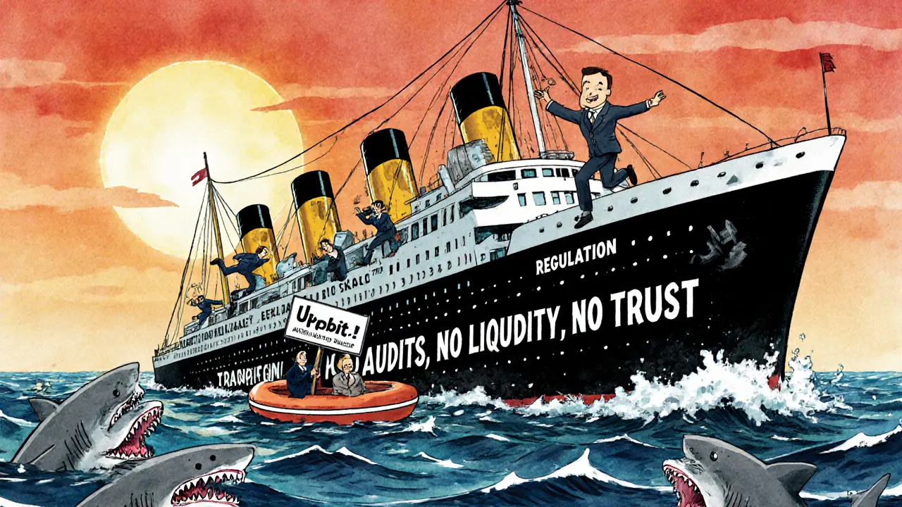 A sinking exchange ship with users jumping off as sharks labeled &#039;Regulation&#039; circle below.