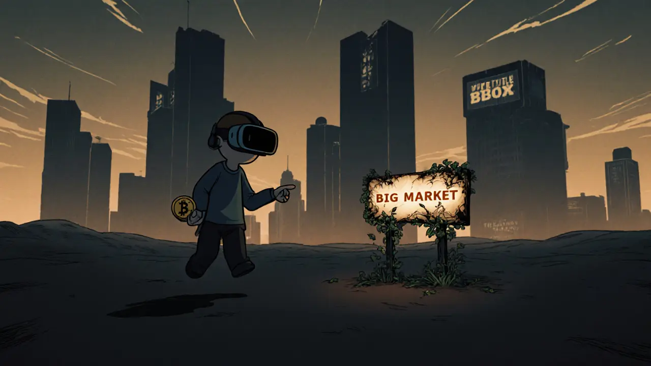 A small figure floats alone in a vast empty metaverse while bigger rival platforms loom in the distance.