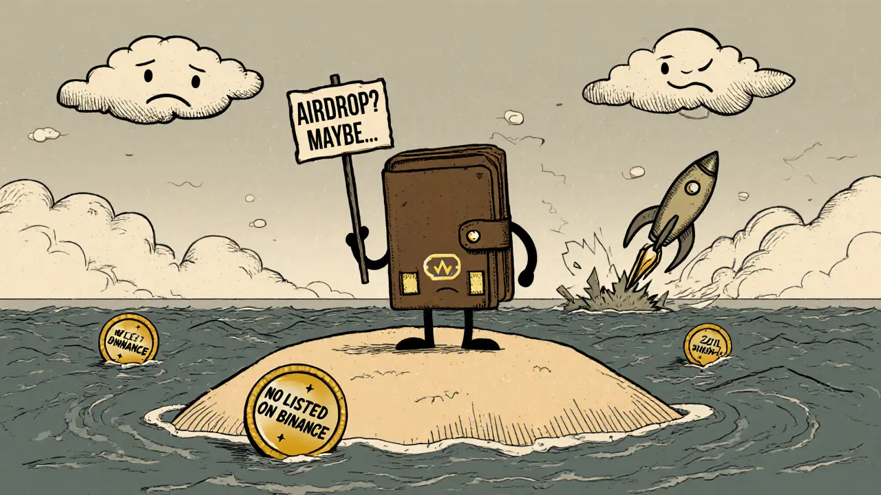 A wallet character stands alone on a tiny island labeled CrossWallet, surrounded by empty trading charts and a fading rocket.