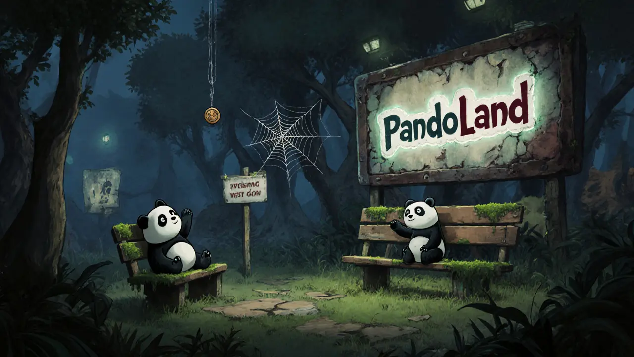 An abandoned virtual game world with faded signs and a lonely token drifting in the twilight.