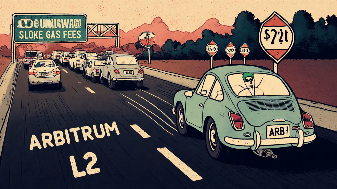 ARB/ETH race car speeding on Arbitrum highway, leaving slow exchanges behind in a vintage cartoon scene.