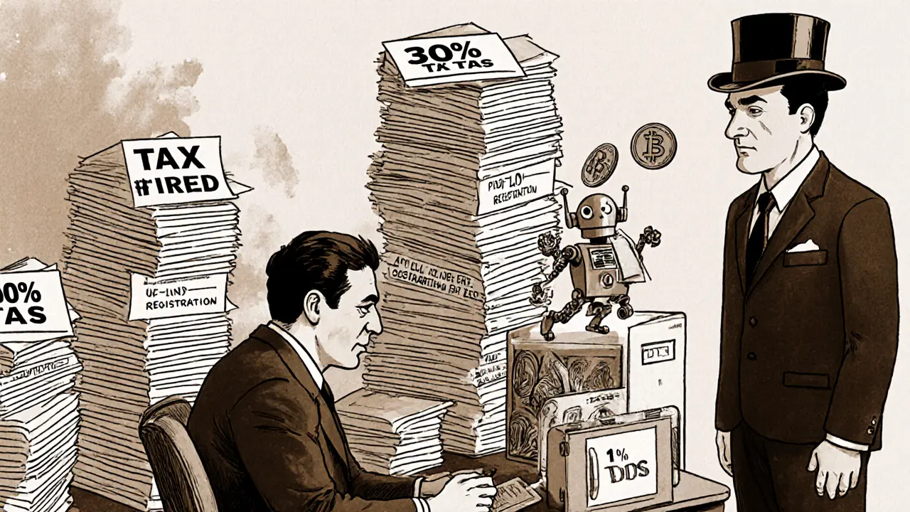 Businessman overwhelmed by tax forms and a monitoring robot, with RBI official watching in vintage cartoon style.