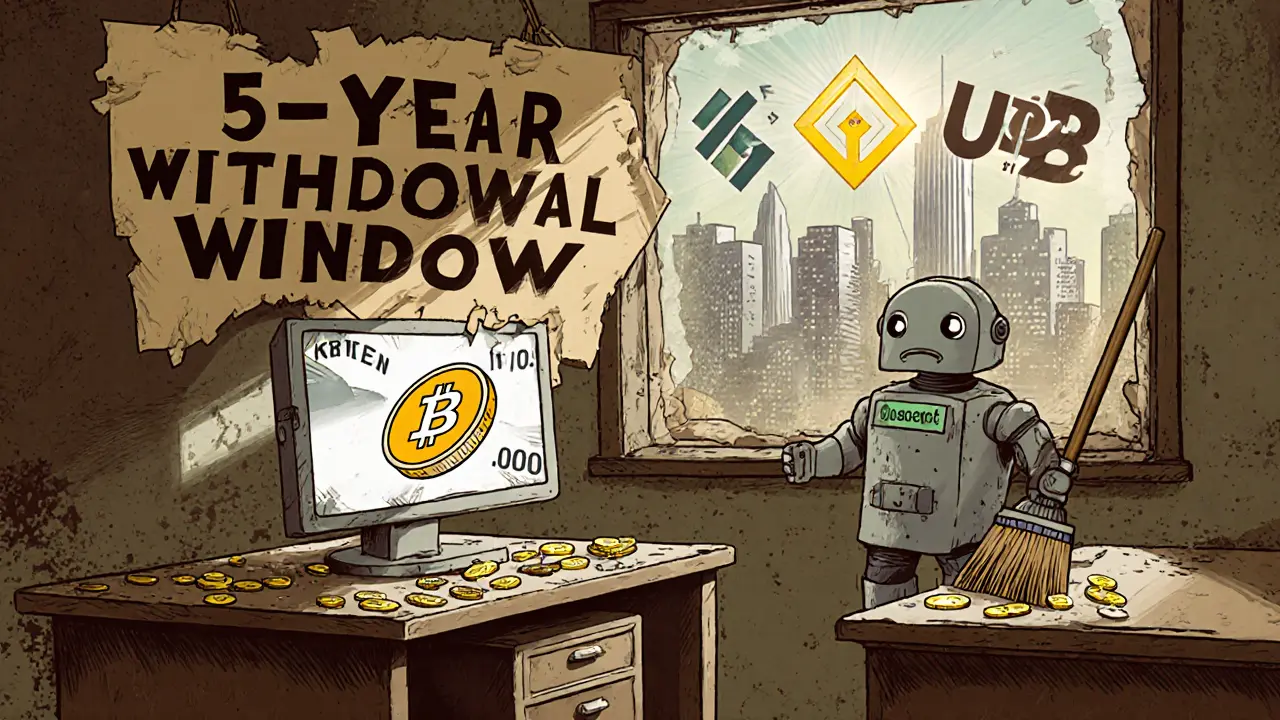 Cartoon trading floor with a broken computer and a giant countdown sign, while other exchanges glow in the distance.