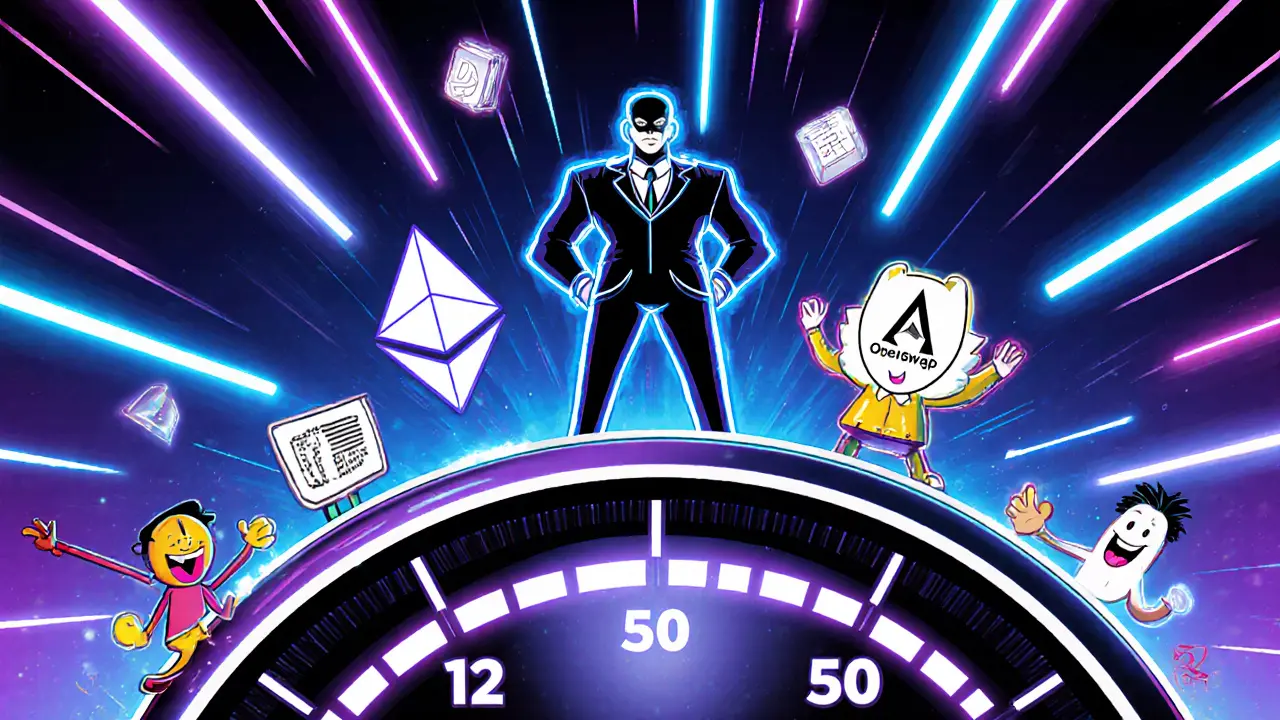 Cartoon validator with a 12-second timer surrounded by bouncing DeFi apps in neon colors.