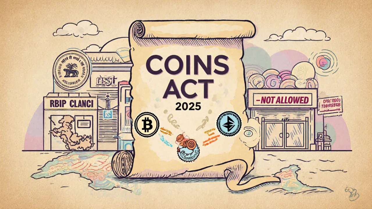COINS Act 2025 scroll transforms crypto into licensed badges under RBI oversight in vintage cartoon style.