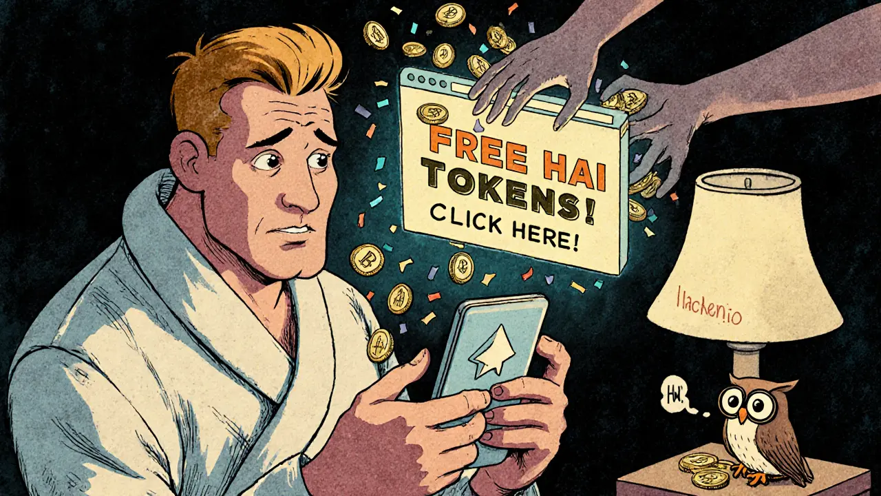 Confused person tricked by fake HAI airdrop scam, with shadowy hands stealing crypto.