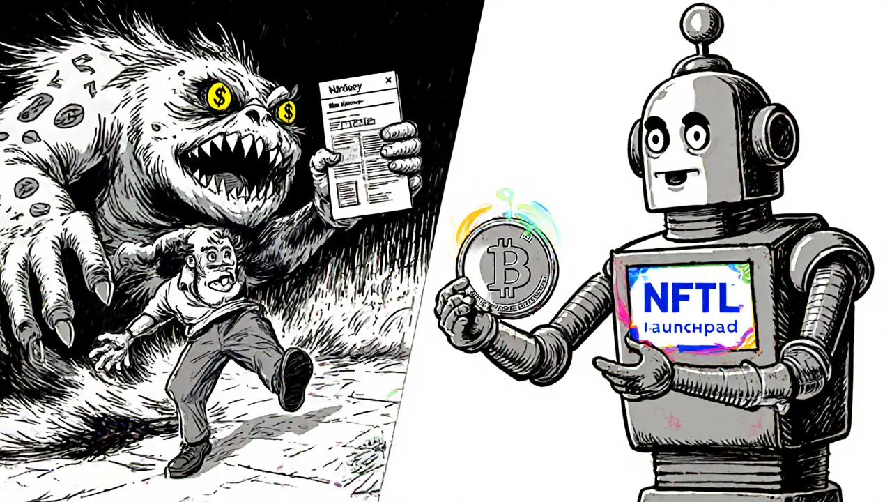 Contrasting scene: a scam victim being chased by a monster vs. a smart investor receiving a real NFT token.