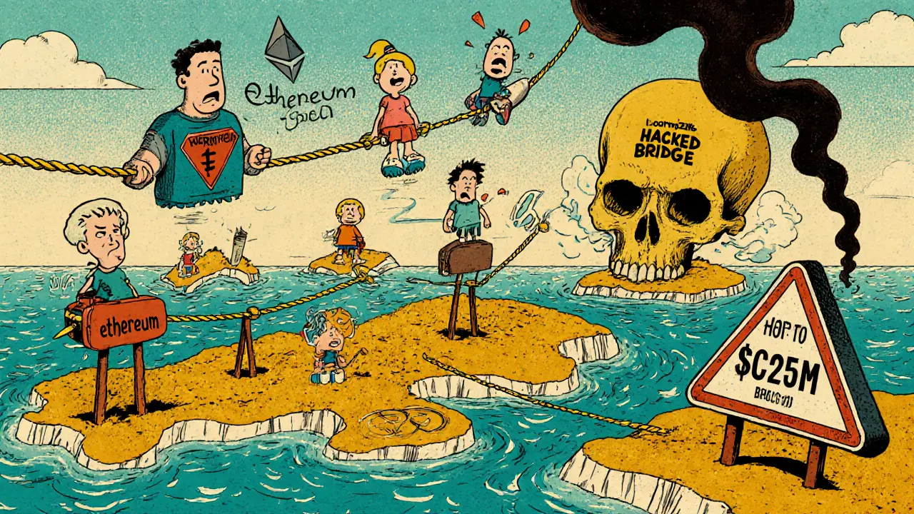 Crypto islands connected by rope bridges, with a warning sign and stolen money floating away in retro cartoon style.