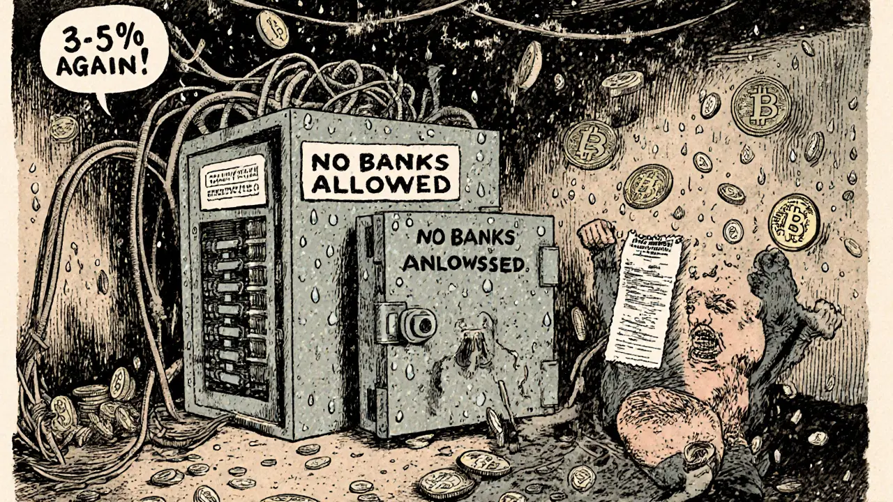 Crypto miners receive payments through a third-party processor while a bank door slams shut in vintage cartoon style.