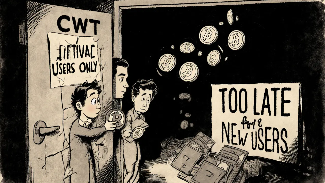 Crypto users peek through a door labeled &#039;CWT Airdrop - Active Users Only&#039; as tokens are tossed into a dark room.