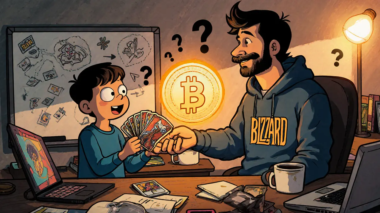 Experienced game developer handing a glowing LOCG token to a child holding a deck of illustrated trading cards.