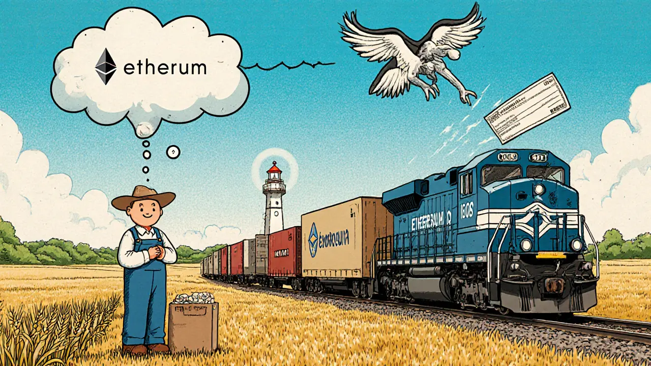 Farmer and IoT sensor send weather data to a winged oracle, triggering a blockchain payment train.
