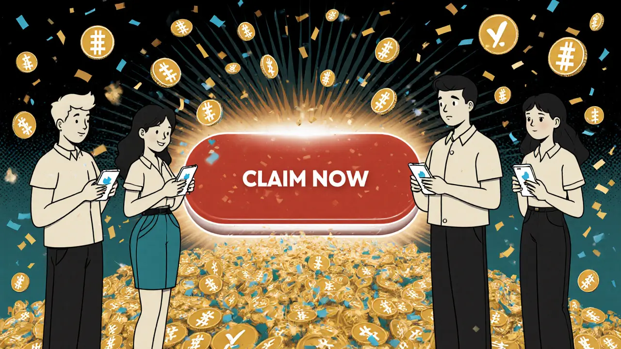 Five people from different backgrounds celebrating Twitter airdrop notifications with golden tokens.