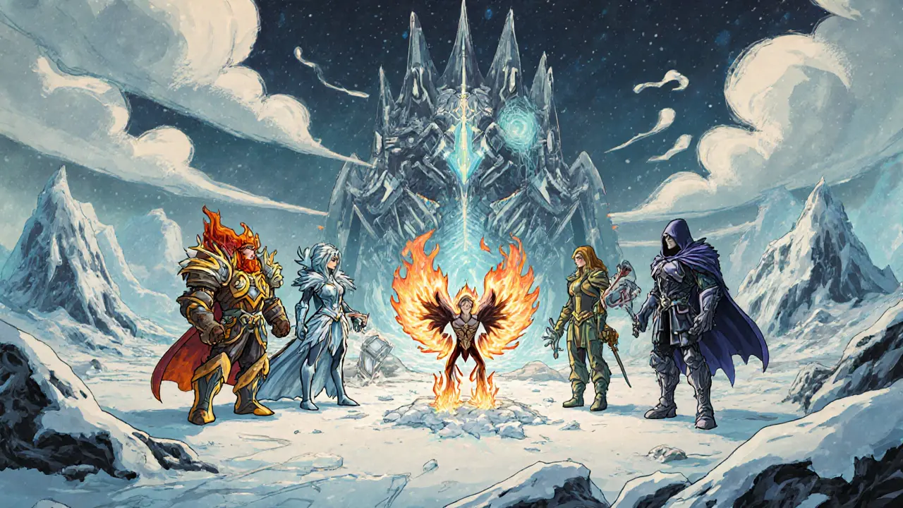 Four fantasy factions combining cards into a hybrid creature on an icy battlefield under a glowing SolForge.