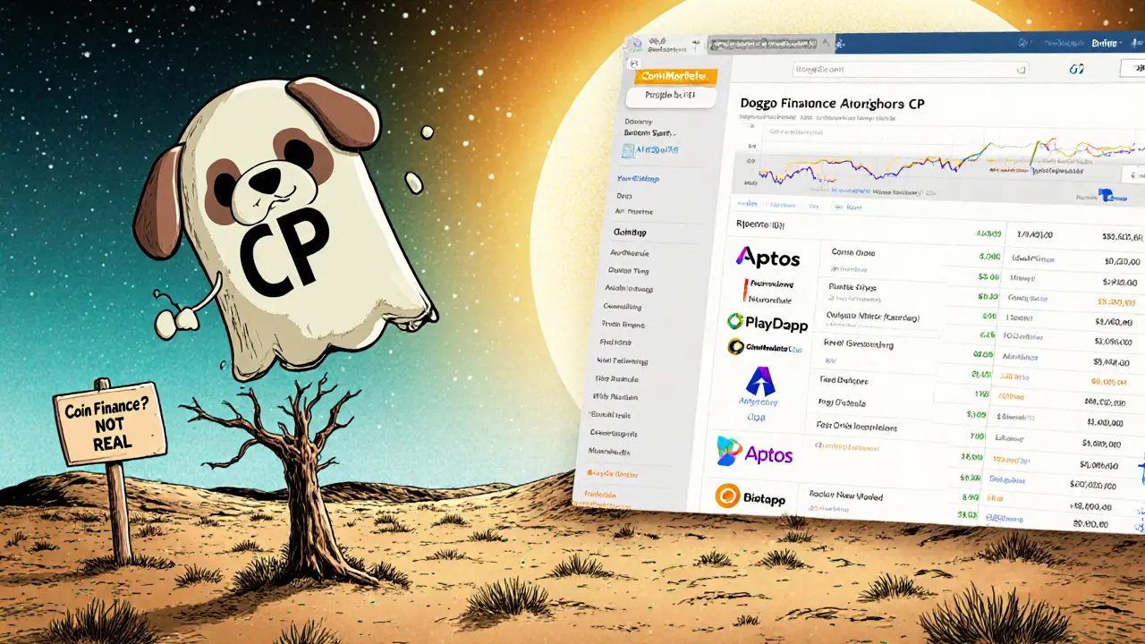 Ghostly CoPuppy token floating over empty blockchain, next to real airdrops glowing safely in distance.