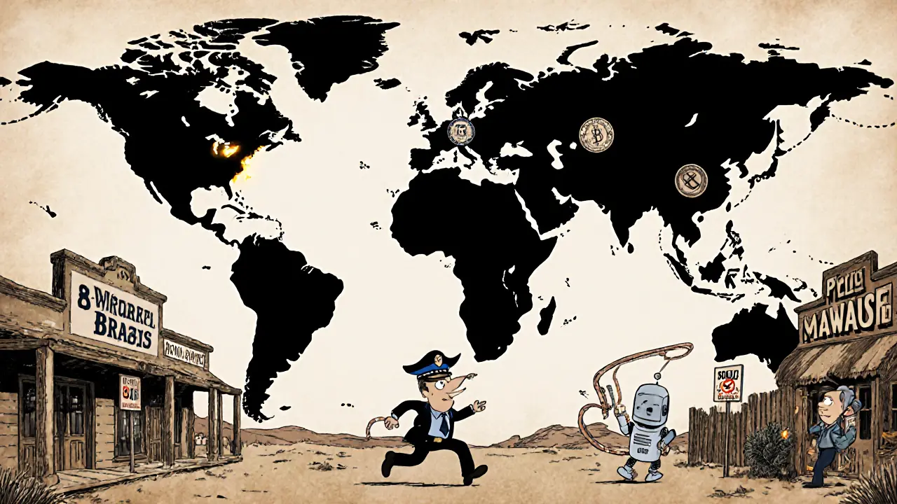 Global map showing regulated crypto hubs as police stations and unregulated regions as wild west saloons.