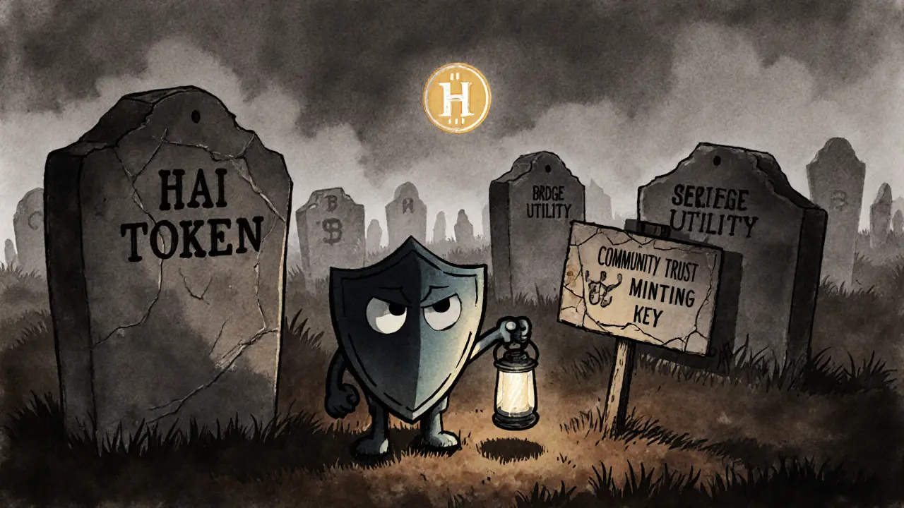 Graveyard of dead HAI token features, with a lonely mascot holding a lantern.