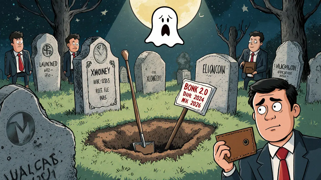 Graveyard of failed meme coins with a fresh XMONEY tombstone under a moonlit sky.