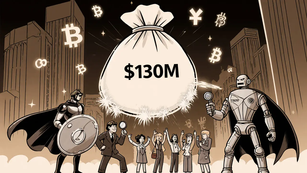 Heroic team freezing 0M in stolen crypto with Tether, TRM, and TRON symbols glowing in a 1940s comic city.