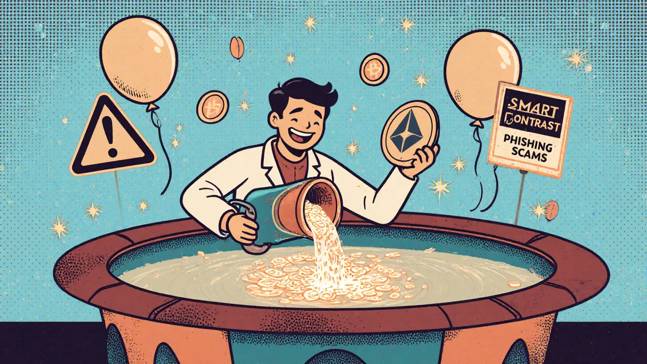 Liquidity provider pouring coins into a rocket-shaped pool while ARB rewards rain down in vintage cartoon style.