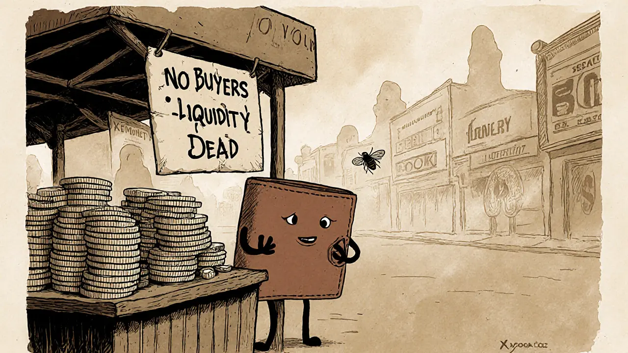 Lonely wallet trying to sell millions of XMONEY tokens at an empty crypto stall with zero volume sign.