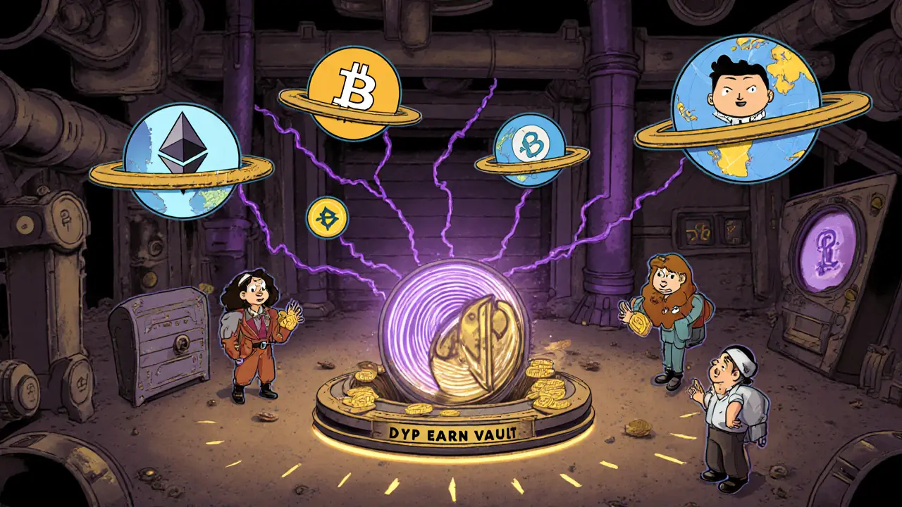 Miners connect wallets across three blockchains to earn DYP tokens, shown in a whimsical 1970s cartoon style.