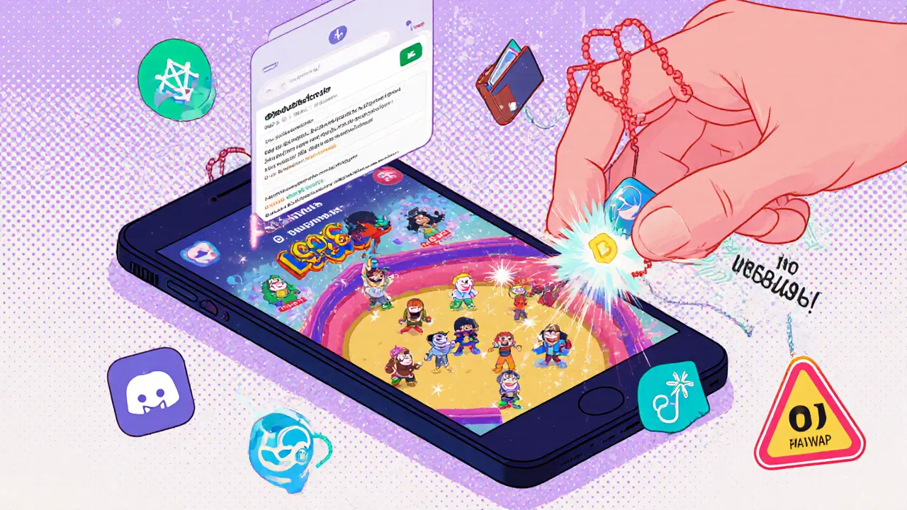 Mobile phone showing LOCGame app with battling meme cards, connected to CoinMarketCap airdrop with floating crypto icons.