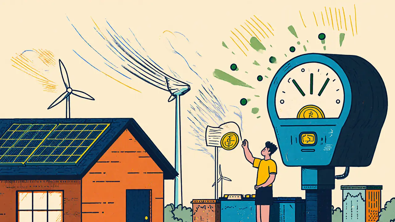 Neighbors in Brooklyn trade solar energy using glowing digital coins and smart contracts in a vibrant, cartoonish street scene.