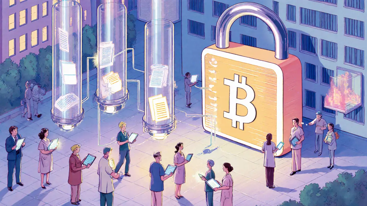 Patients and doctors in Germany share secure medical records through glowing blockchain tubes in a futuristic hospital setting.