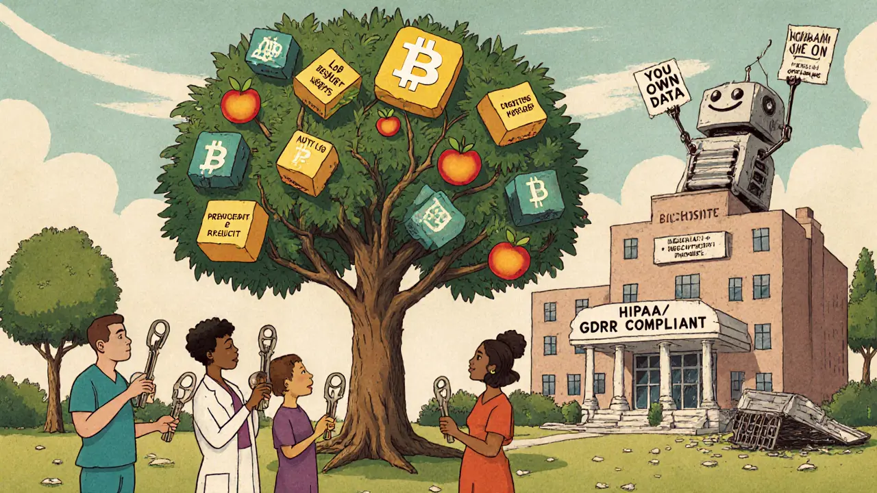 Patients watch a blockchain tree grow with their data as fruits, while outdated hospital servers crumble in the background.