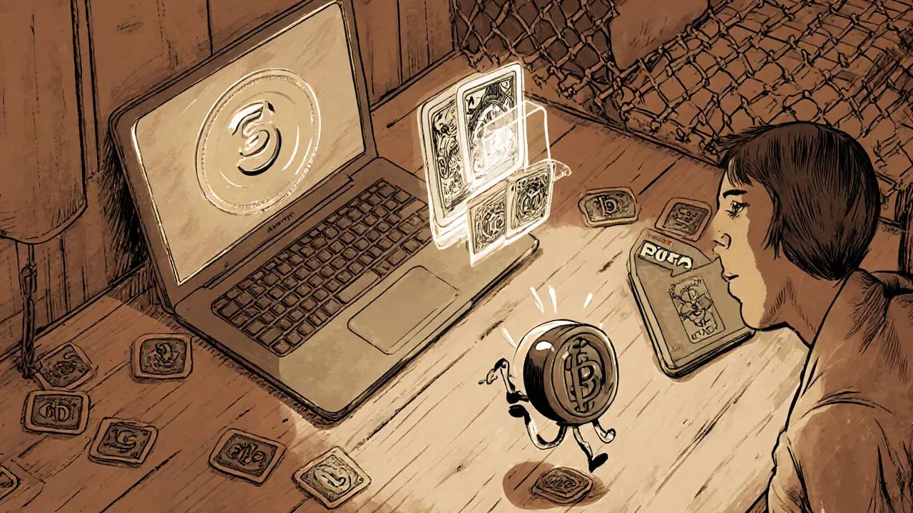 Person connecting wallet to play SolForge Fusion, with physical cards and digital deck nearby.