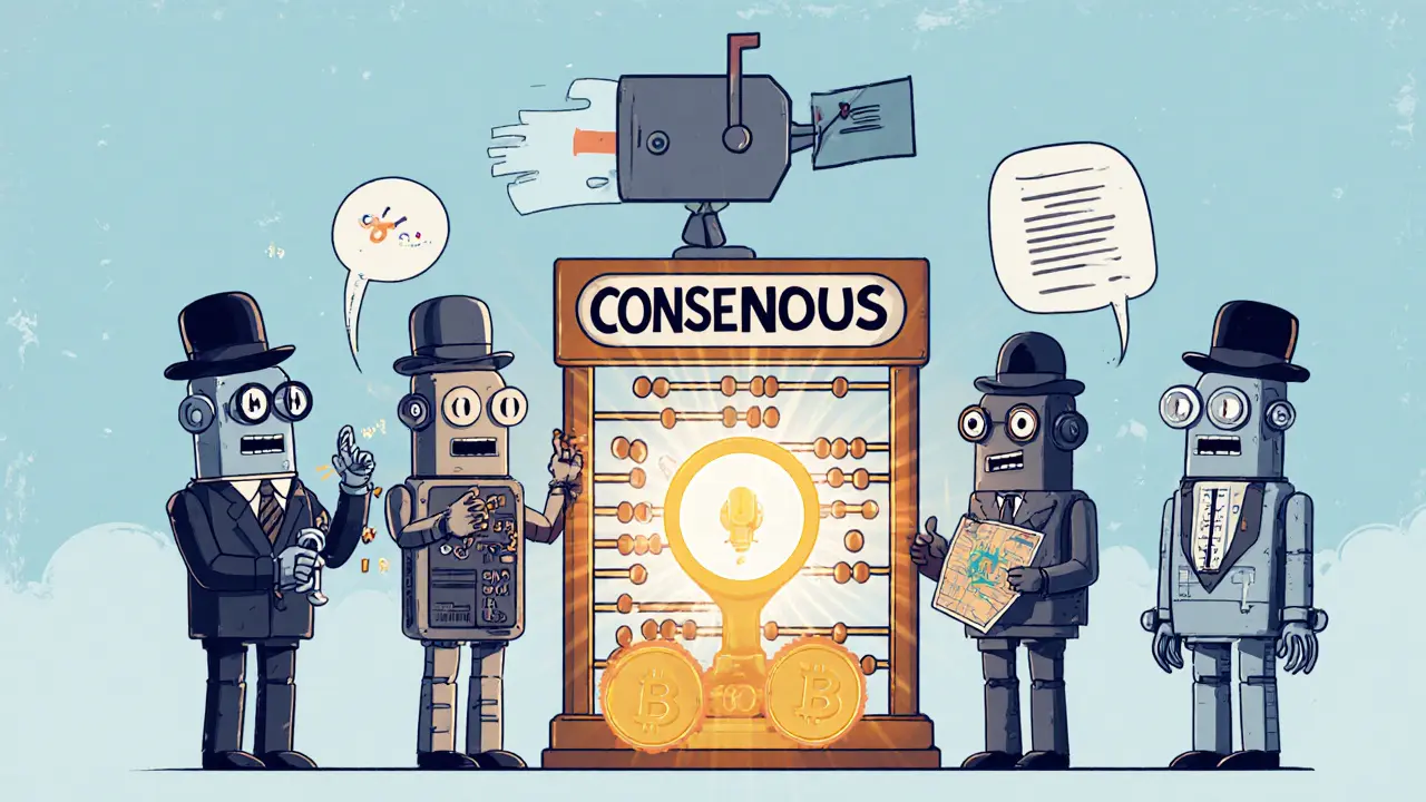 Quirky robot nodes debating data on an abacus to reach consensus for a smart contract.