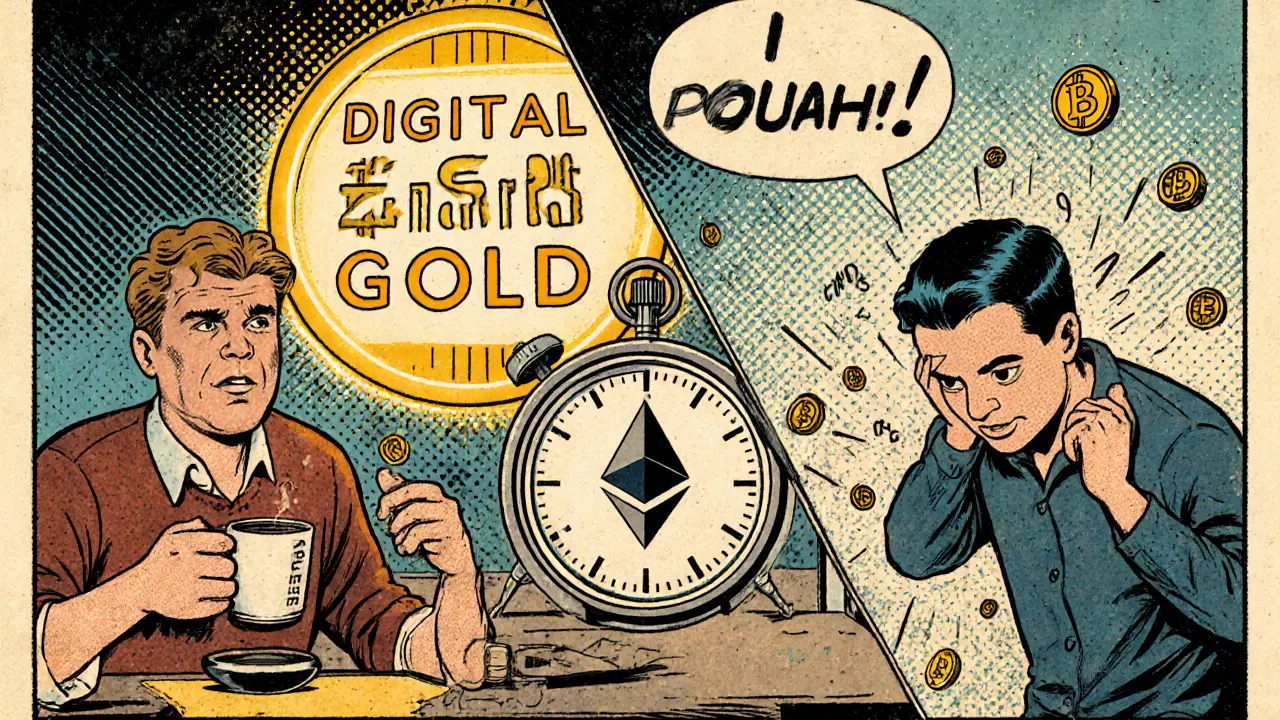 Split comic panel: calm Bitcoin user with tea vs anxious Ethereum trader with fast-moving tokens.