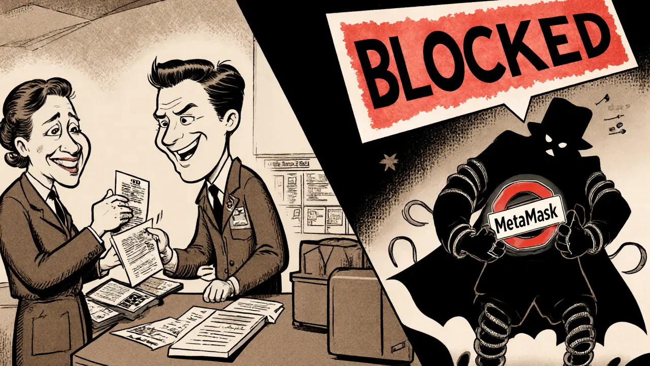 Split scene: compliant user submits ID vs. blocked crypto transfer from self-hosted wallet in 1940s cartoon style.