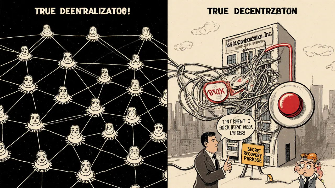 Split scene: true decentralization vs. centralized control behind a blockchain interface.