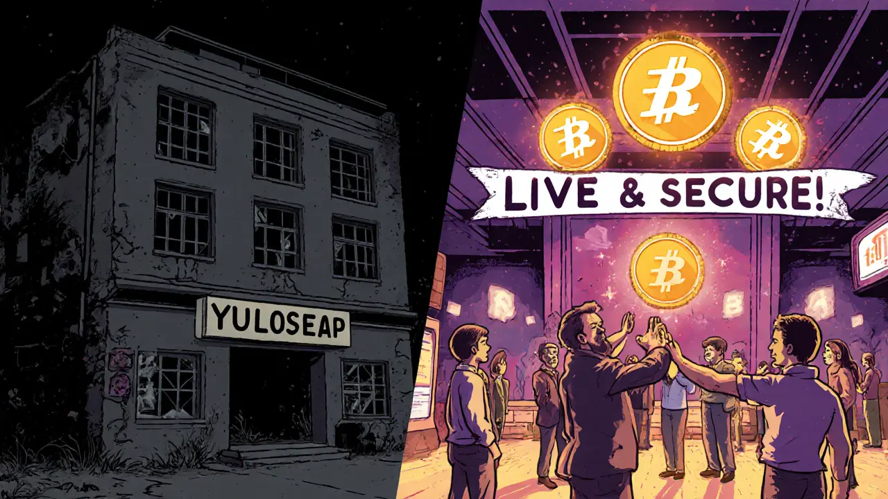 Split-screen: abandoned Oasis Exchange vs. thriving YuzuSwap on Oasis Network in vintage cartoon style.
