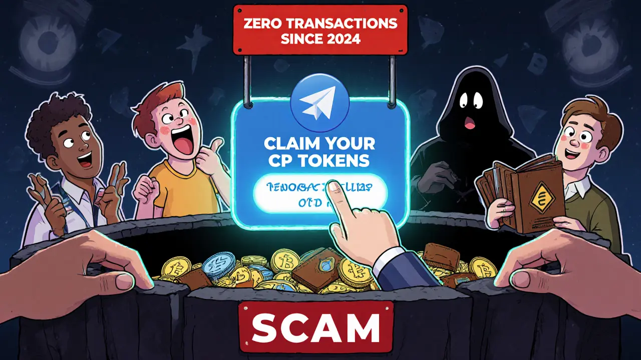 Telegram users clicking a scam button as their wallets are drained into a dark pit, warning sign visible.