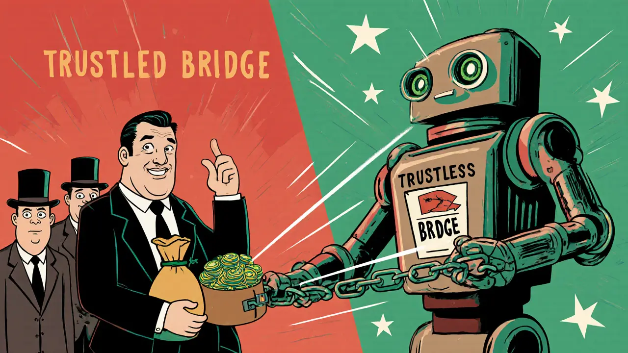 Two contrasting bridge types: a banker handing money versus a robot verifying transfers in classic comic book style.