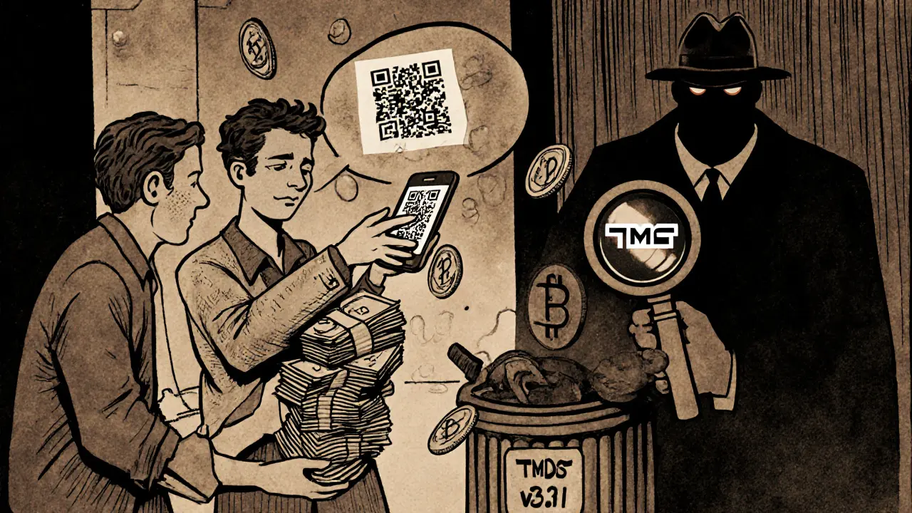 Two people trade cash for a crypto QR code in an alley as a bank detective watches in vintage cartoon style.