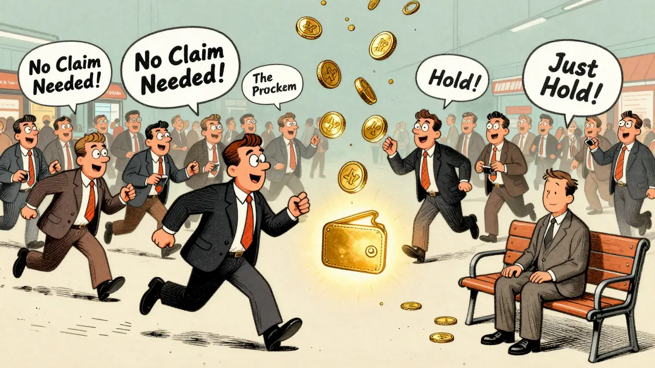 A calm person surrounded by chaotic traders, receiving automatic CAKE rewards in vintage cartoon style.