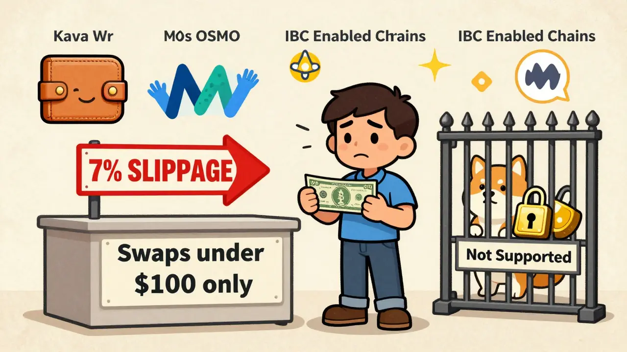 A confused user tries to swap 0 at Kava Swap, but a sign warns them to stay under 0.