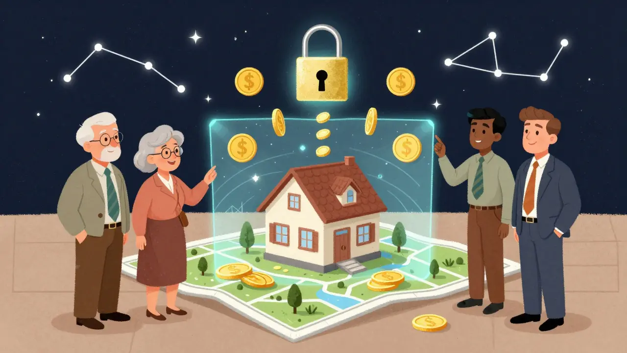 A group watches a holographic house as ownership tokens float around it in a whimsical vintage cartoon scene.