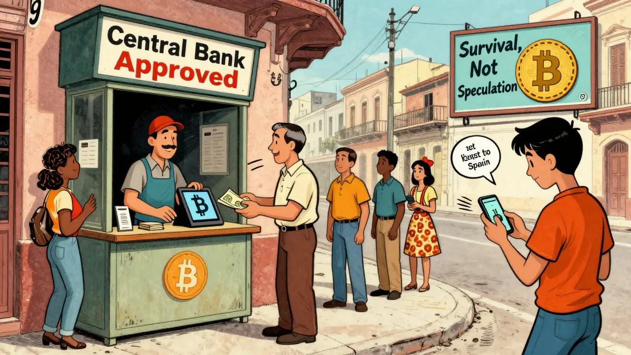 A licensed crypto kiosk in Havana helps people exchange pesos for Bitcoin, with digital transfers glowing in vintage cartoon style.